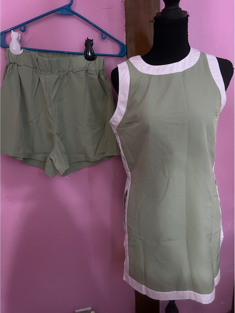 Women's Two-Piece Olive Green and White Trim Sleeveless Top and Shorts Set